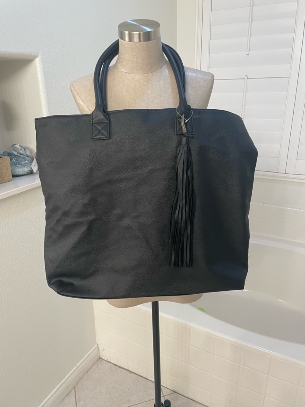 Black PU Leather Tote Bag with Tassel